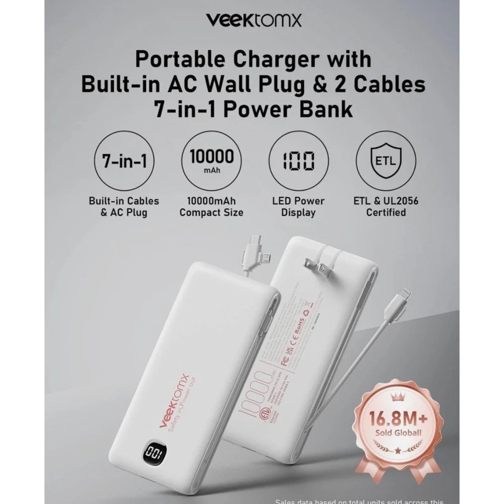 Veektomx VT105 Power Bank 10000mAh White LED Display Type C Micro USB iPhone NIB